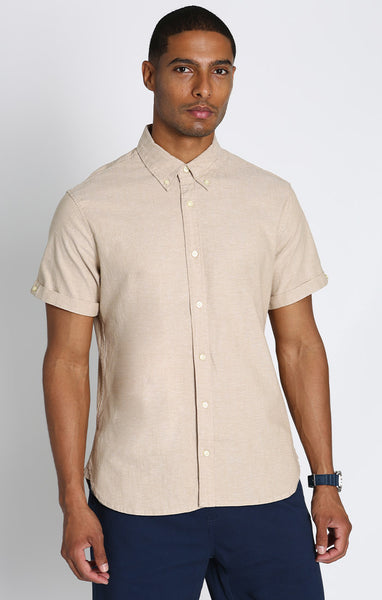 Beige Stretch Chambray Short Sleeve Shirt – JACHS NY