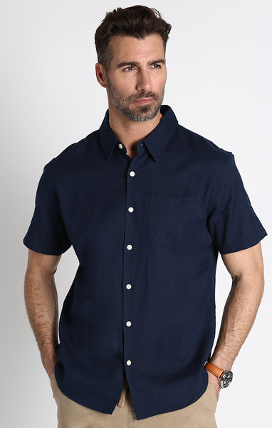 Dark Blue Printed Poplin Stretch Short Sleeve Shirt – JACHS NY