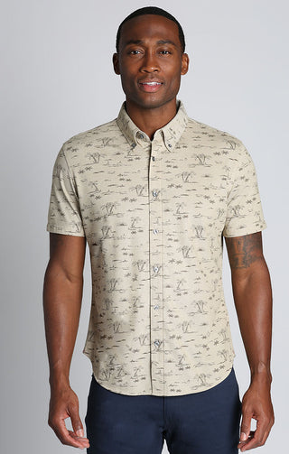 Printed Stretch Knit Oxford Short Sleeve Shirt - JACHS NY