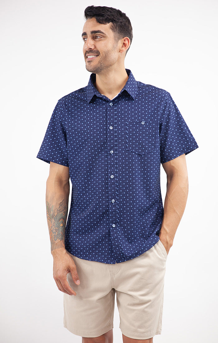 Indigo Printed Short Sleeve Poly Spandex Tech Shirt – JACHS NY