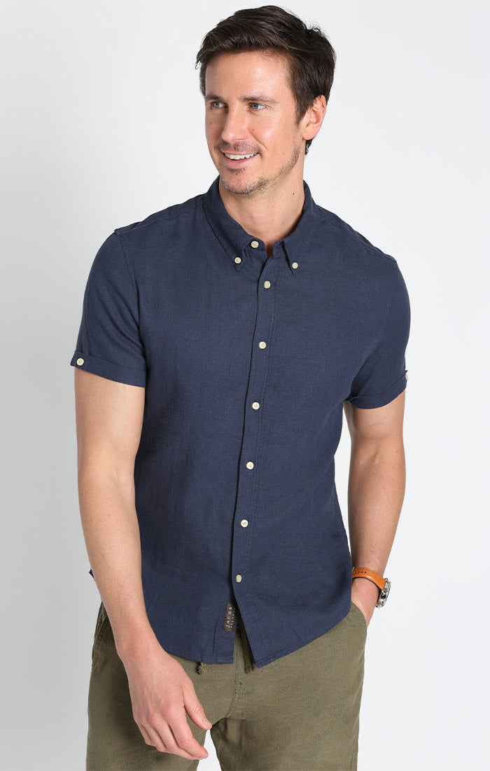 Navy Cotton Linen Short Sleeve Shirt – JACHS NY