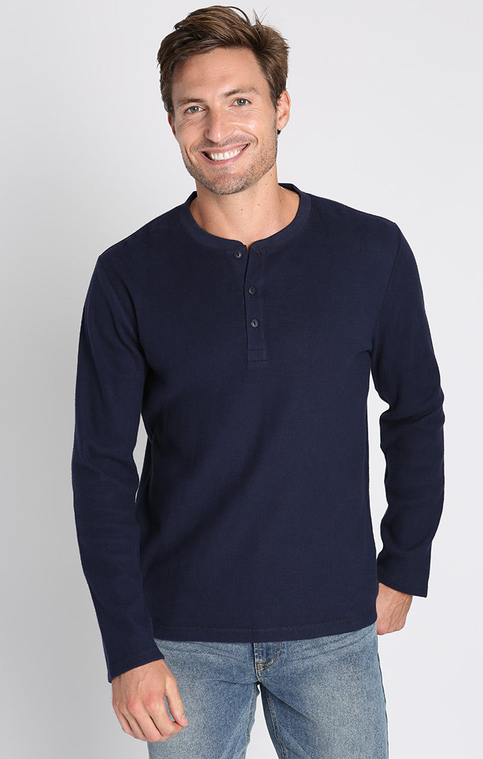 HOLLISTER CO. WAFFLE HENLEY T-SHIRT LONG SLEEVES NAVY IN X-LARGE