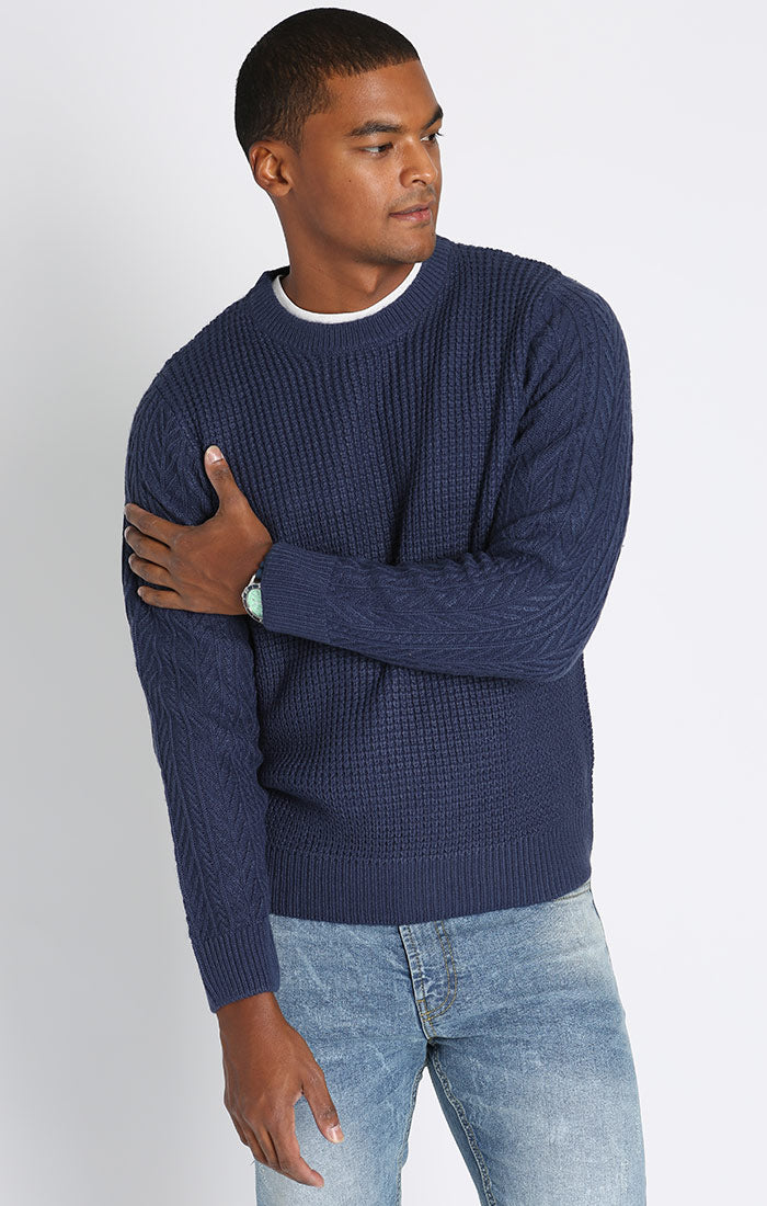 Navy Mixed Stitch Crewneck Sweater – JACHS NY