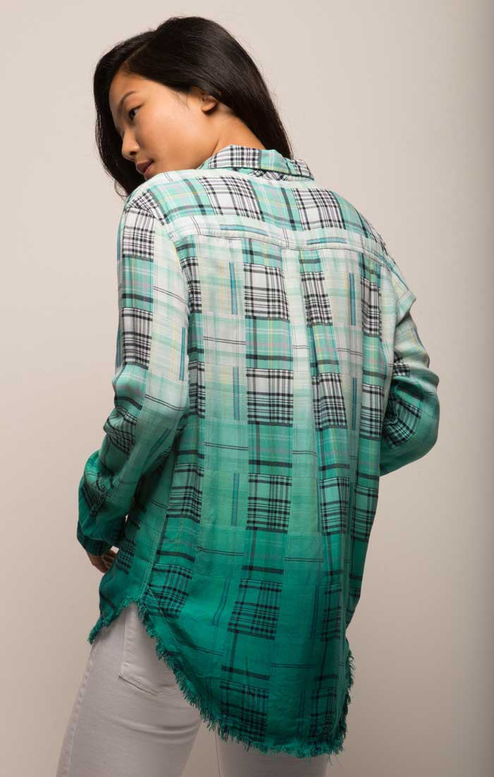 Green Dip Dye Madras Plaid Shirt