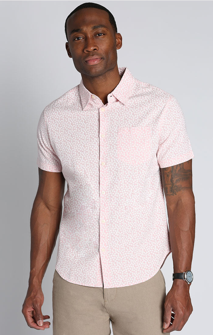 Pink Floral Print Cotton Linen Short Sleeve Shirt – JACHS NY