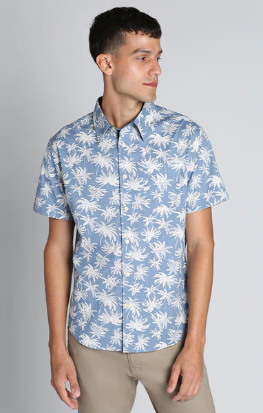 NY Short Stretch Sleeve – Palm Shirt Tree Print JACHS Blue