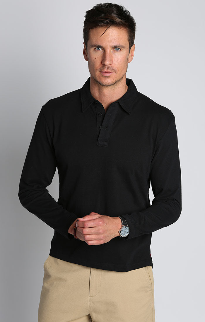 Solid Long Sleeve Cotton Collar with Logo Polo Shirt - Black-S