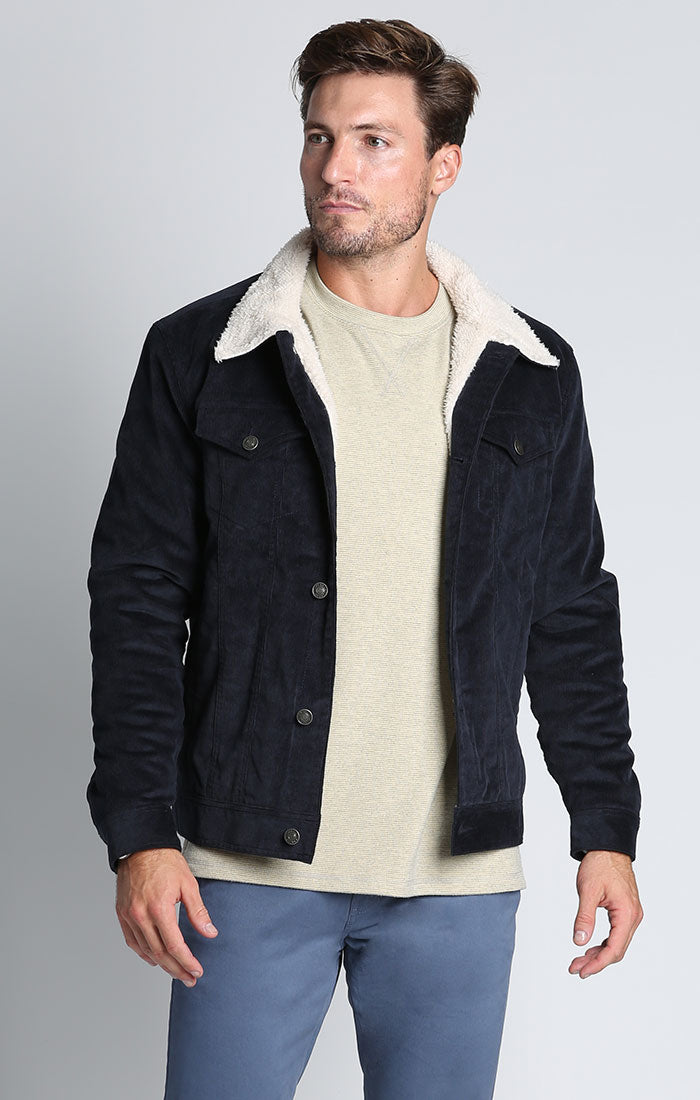 Navy Sherpa Stretch Corduroy Trucker Jacket – JACHS NY